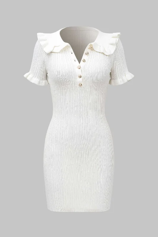 Knitted Metallic Button Ruffle Short Sleeve Dress