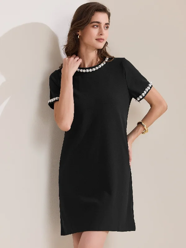 Short Sleeve Crew Neck Faux Pearl Decor Pocketed Dress