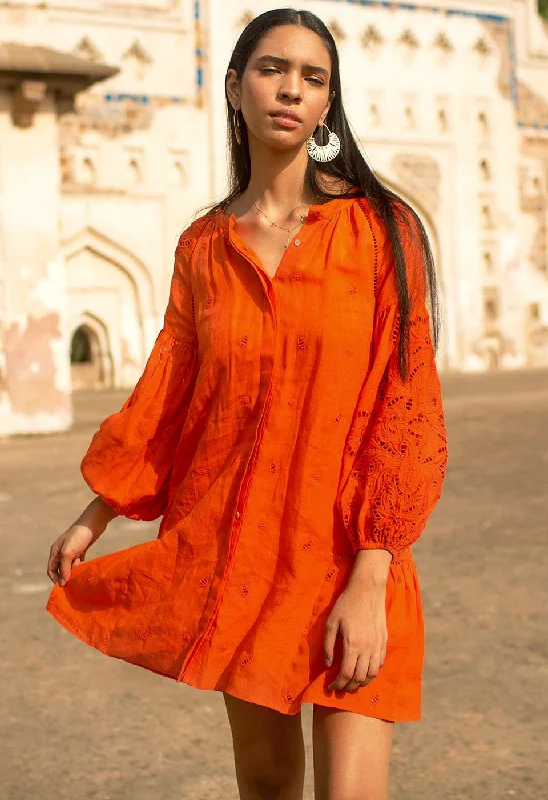 Sunshine Babe Short Emboidered Ramie Full Sleeve Short Shirtdress Living Coral