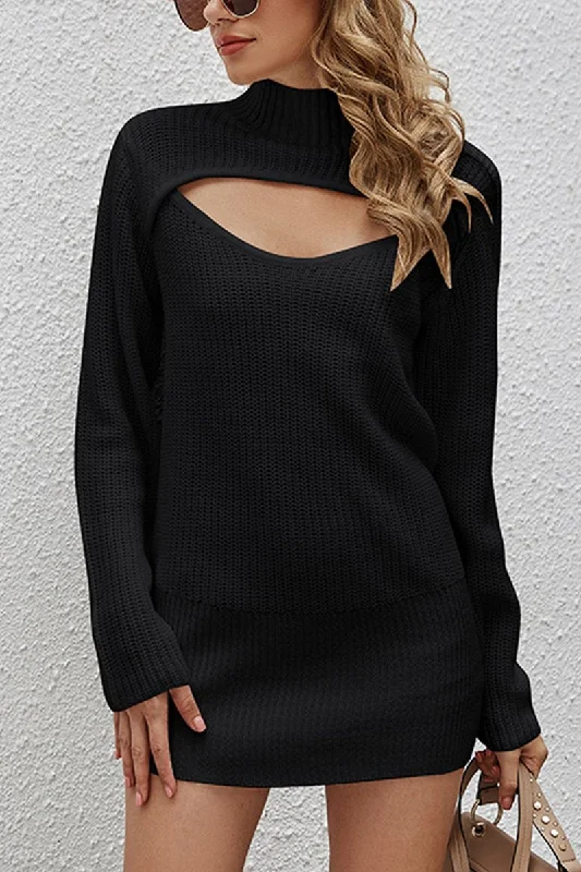 WOMEN HIGH NECK KNITTED SHORT LENGH SWEAT DRESS