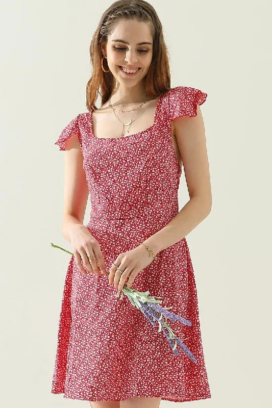 FLORAL SQURE NECK CAP SHOULDER SHORT DRESS