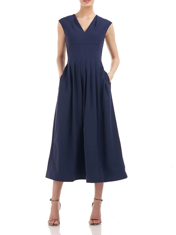 Womens Pleated V-Neck Cocktail and Party Dress