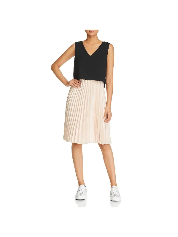 Womens Pleated V-Neck Cocktail Dress