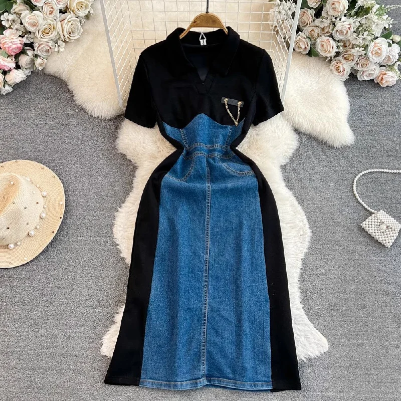 short-sleeved V-neck denim a-line dress      S3961