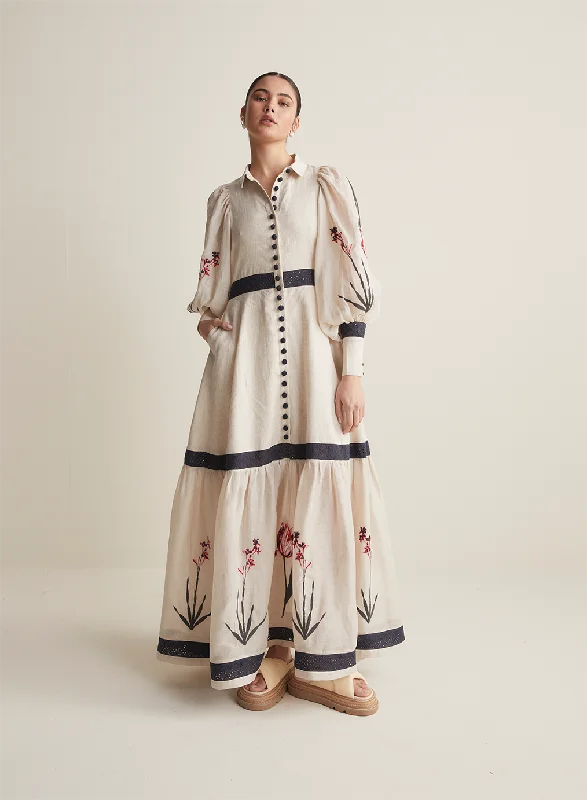 Béatrice Linen Ramie Embroidery Maxi Dress