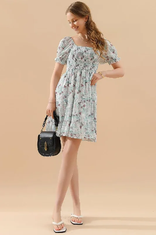 PATTERNED SQUARE NECK PUFF SLEEVE SHORT CAKE DRESS