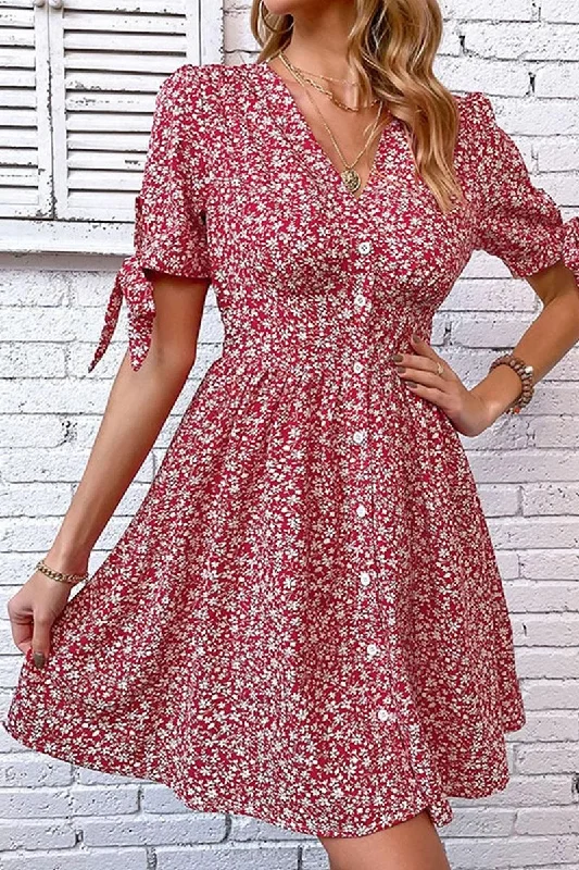 FLORAL TIED SLEEVE BUTTON UP SLIM SHORT DRESS