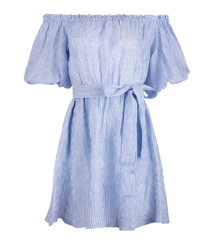 Leto Linen Puff Sleeve Short Dress Striped