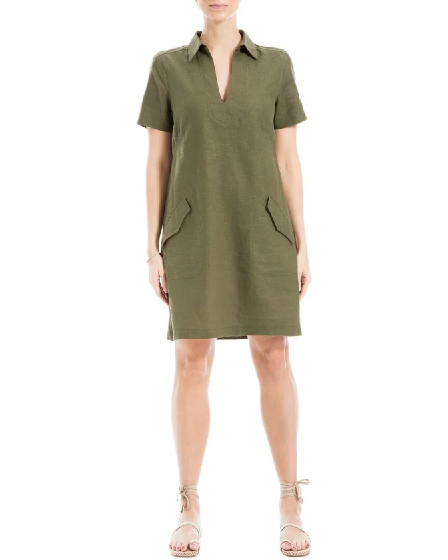 Max Studio Collar V-Neck Linen-Blend Short Dress