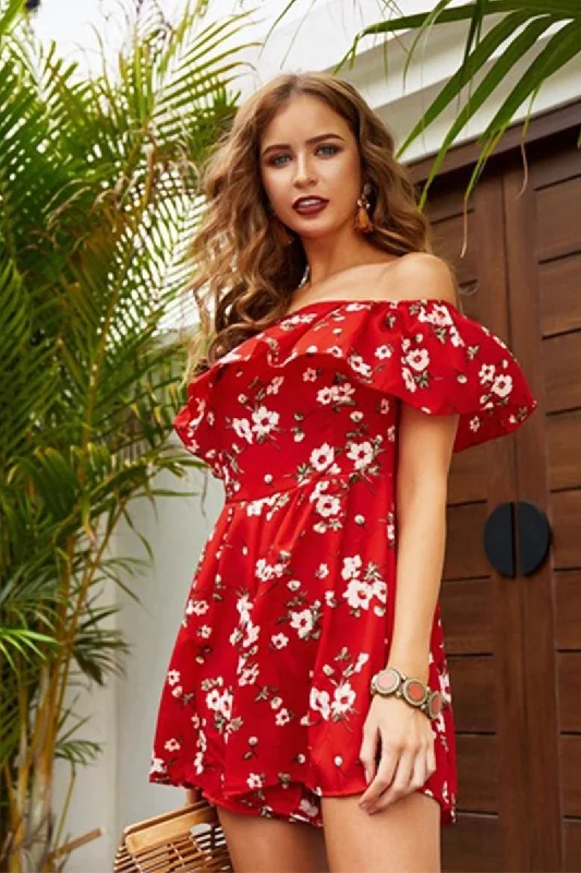 OFF SHOULDER FLORAL PRINTING SHORT DRESS