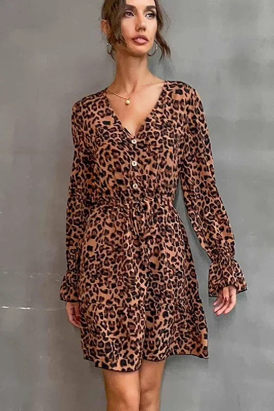 V NECK LEOPARD PRINT SHORT DRESS