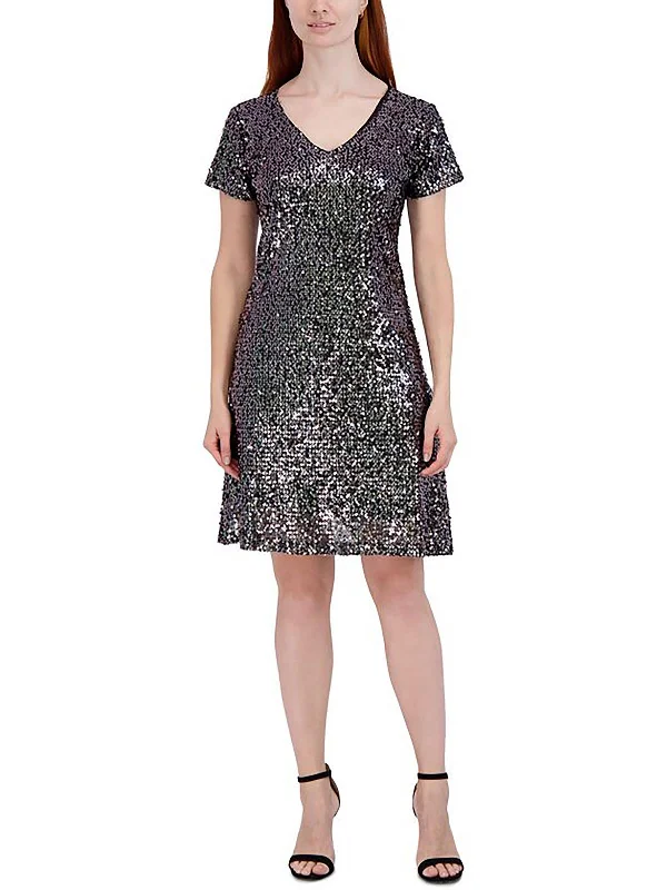 Plus Womens Sequined Knee Cocktail and Party Dress