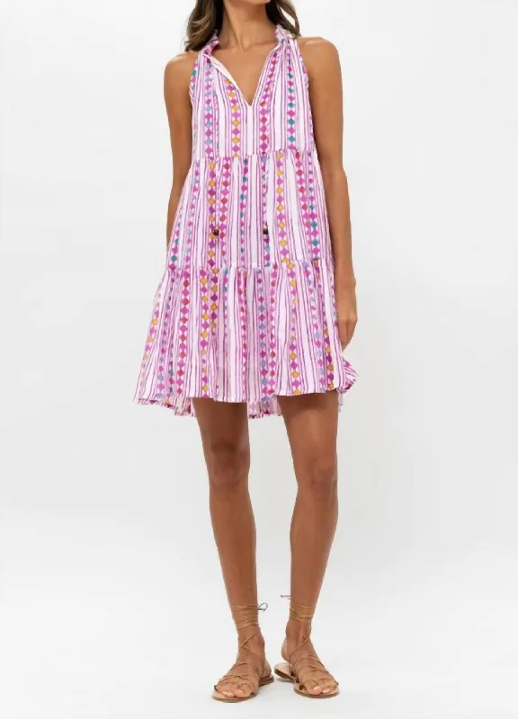 Sleeveless Tiered Short Dress In Trapeze Lilac Print