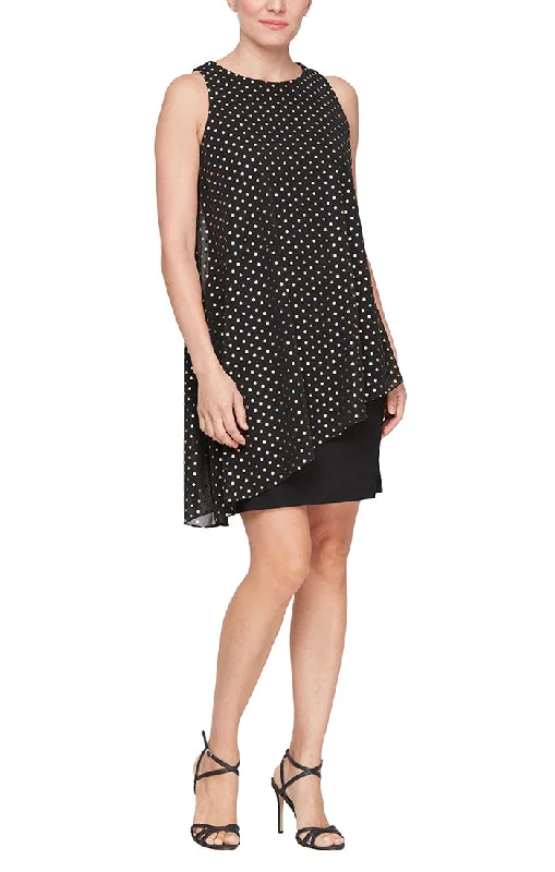 Short Sleevless Foil Printed Dress with Asymmetric Overlay