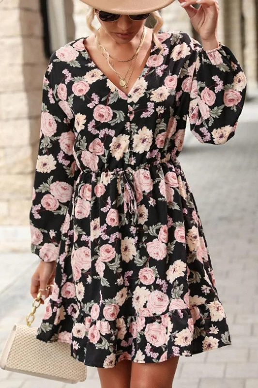 V NECK BIG FLORAL PRINTING RUFFLED SHORT DRESS