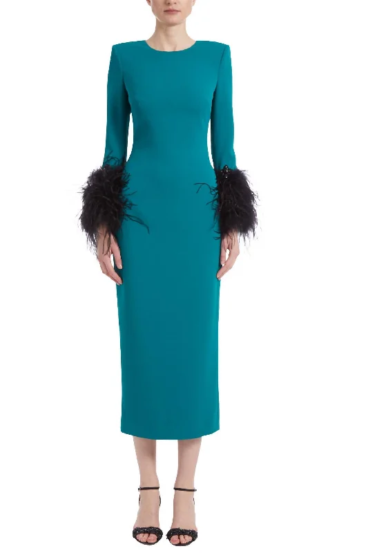 Feather Cuffed Cocktail Dress In Emerald Black