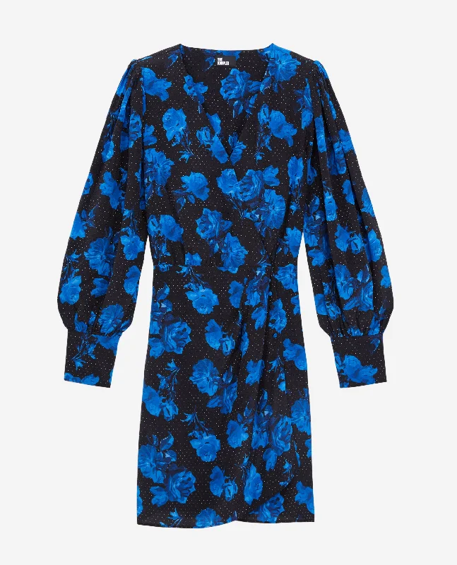 Short Printed Silk Wrap Dress | Women | Black Blue