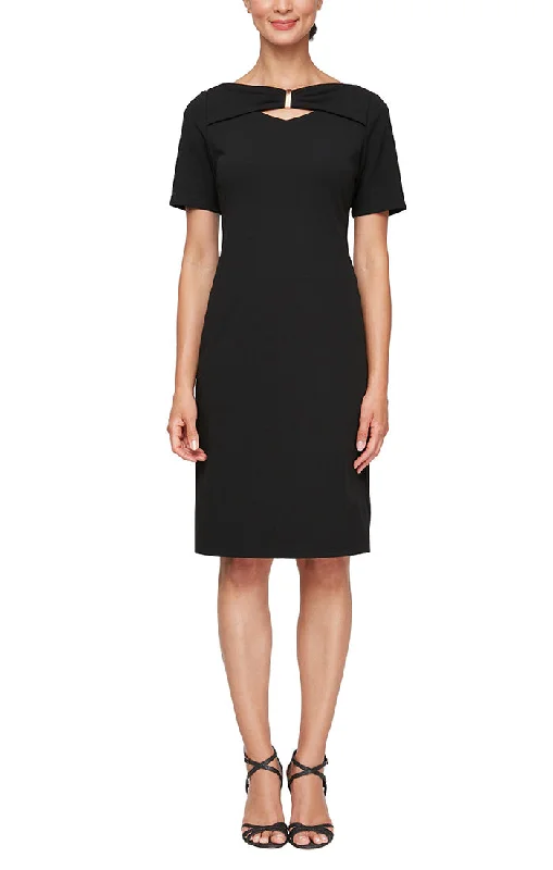 Short Stretch Crepe Sheath Dress with Ruched Cutout Neckline Detail