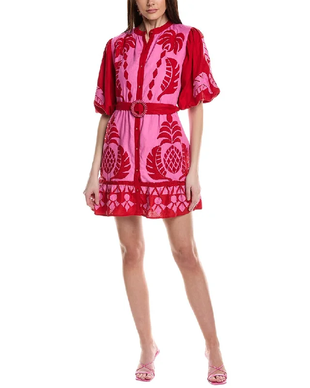 FARM Rio Jungle Scarf Cutwork Linen-Blend Mini Dress