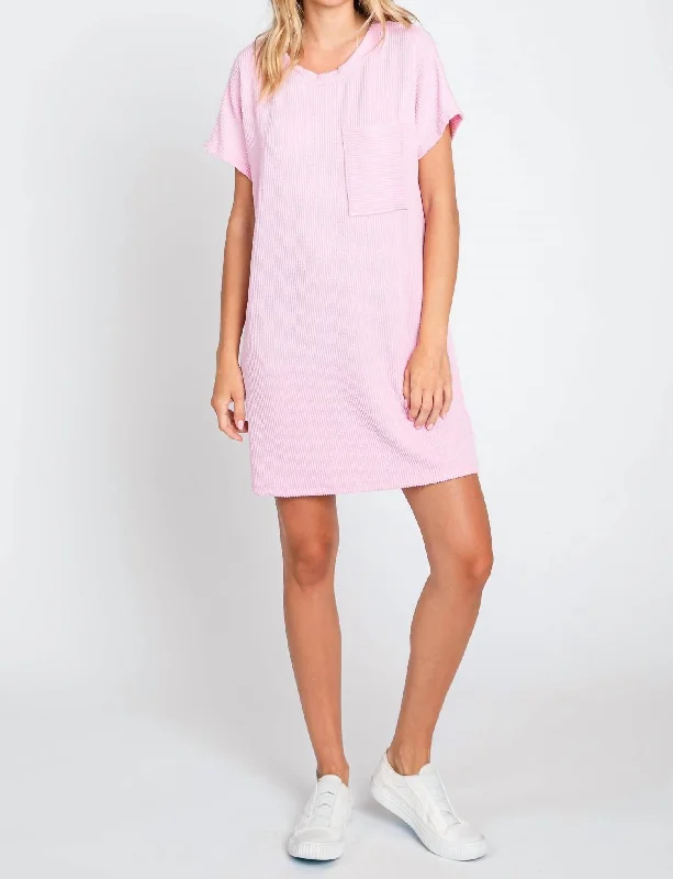 Ribbed Short Sleeve Dress In Pink