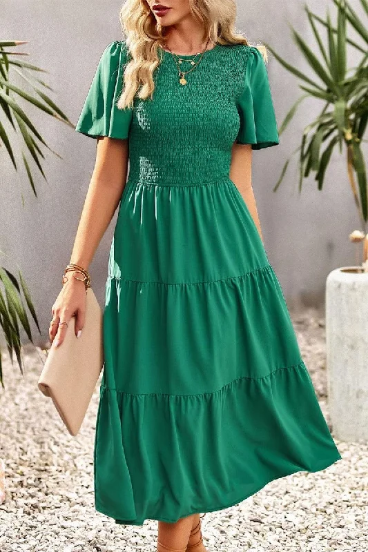 SHORT BELL SLEEVE CREW NECK SWING DRESS