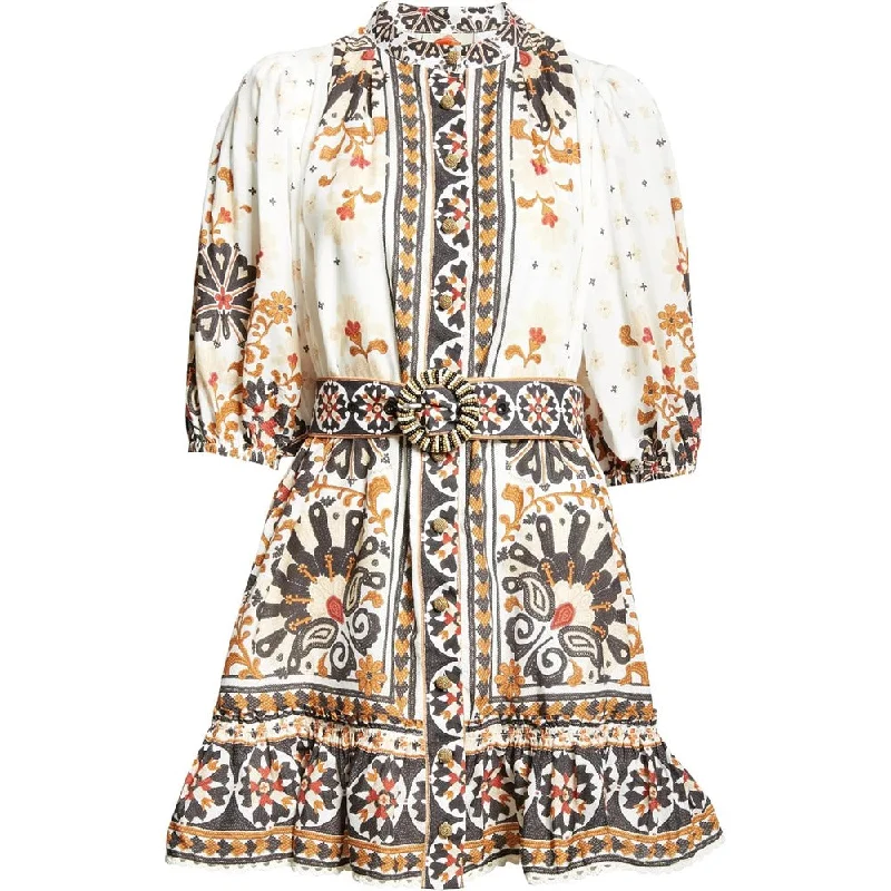 Farm Rio Women's Flower Fan Tapestry Print Puff Sleeve Belted Mini Shirt Dress