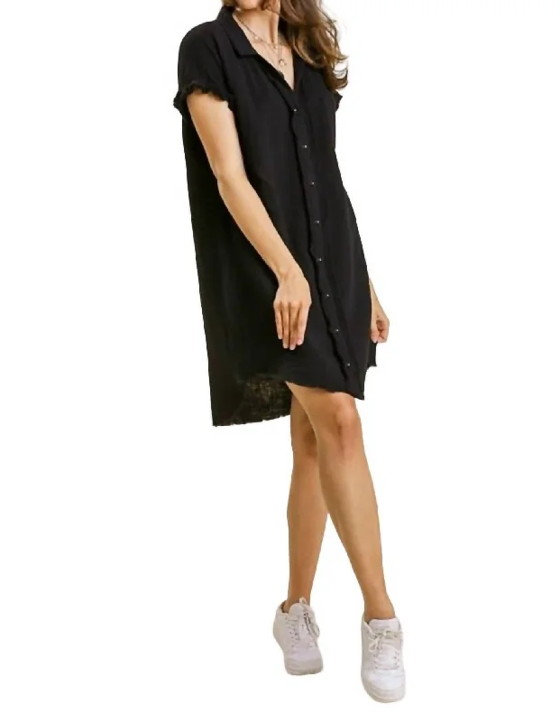 Short Sleeve Gauze Shirt Dress In Black