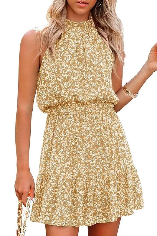 FLORAL TIGHTEN WAIST SHORT HALTER NECK DRESS