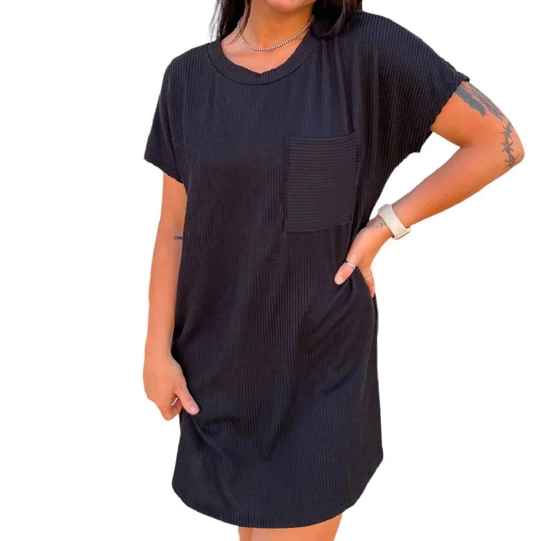 Maggie Ribbed Round Neck Short Sleeve Mini Dress In Black