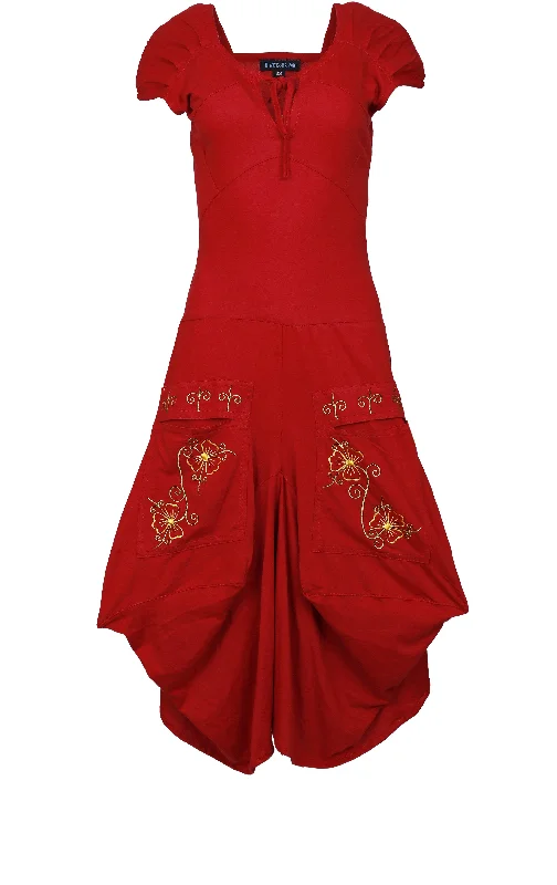 Calf Length Embroidery Short Sleeve Dress.