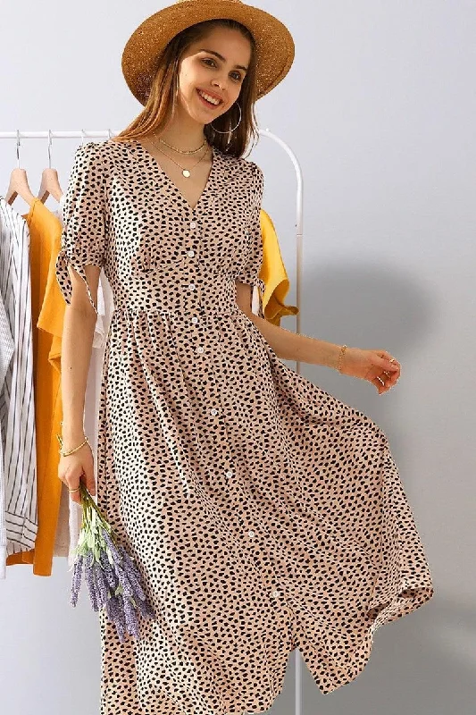 LEOPARD SHORT TIED SLEEVE BUTTON UP SLIT DRESS