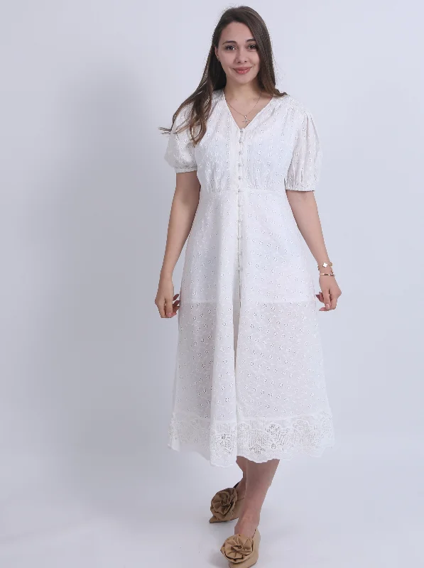 Woman White Embroidery Lace Dress Short Sleeves Dress by Kaja Clothing - Avery Dress