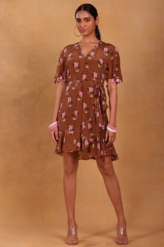 Brown Canary Blossom Short Wrap Dress