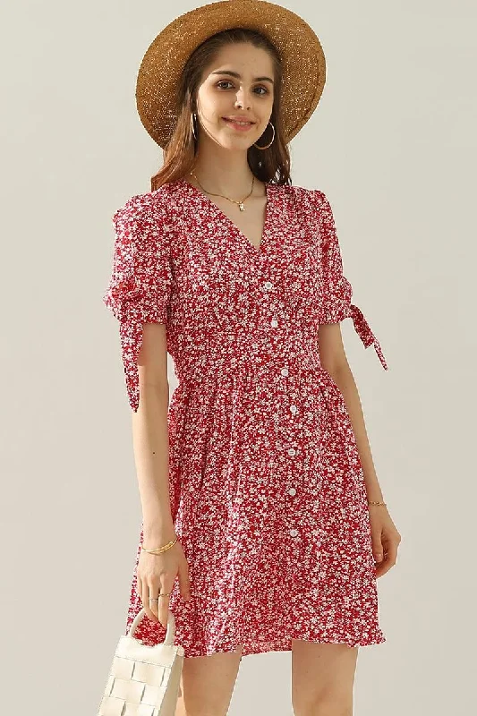 FLORAL TIED SLEEVE BUTTON UP SLIM SHORT DRESS