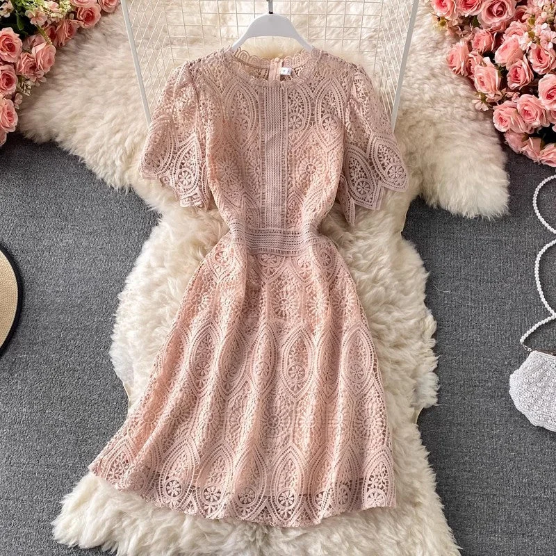 new women's fashion dress round neck short-sleeved lace skirt    S3893