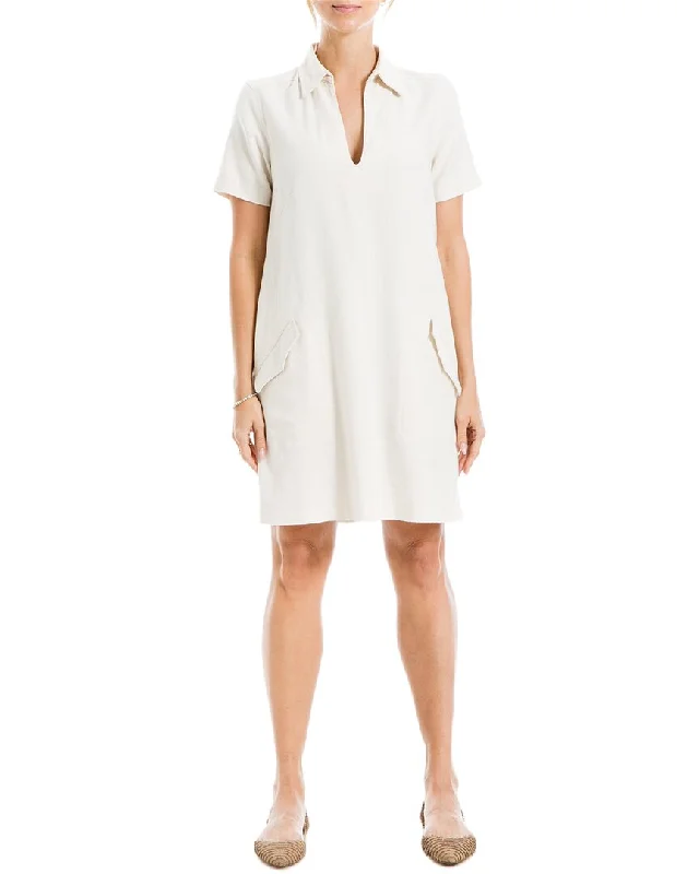 Max Studio Collar V-Neck Linen-Blend Short Dress