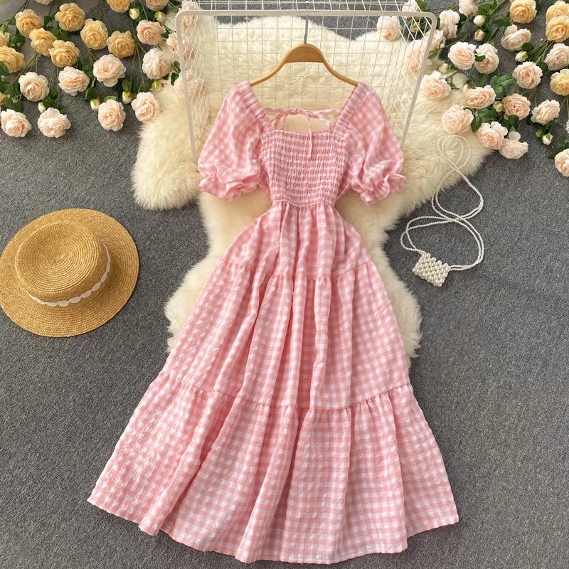 Sweet Plaid Short Sleeve Dress A line Fahion Dress    S460