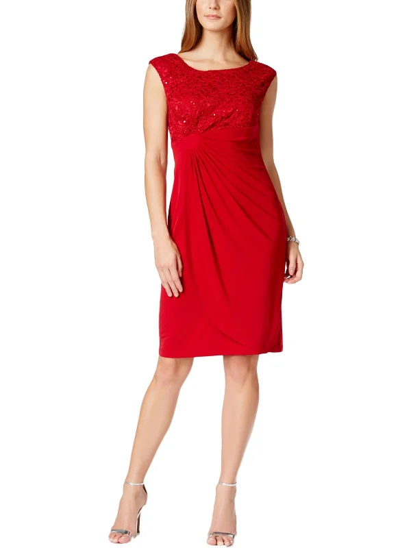 Womens Lace Overlay Ruched Cocktail Dress