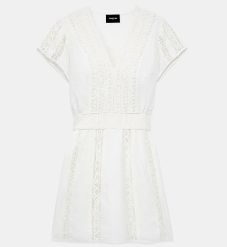 Short Ecru Embroidered Dress W/ Ribbon Detail | Women | Off White