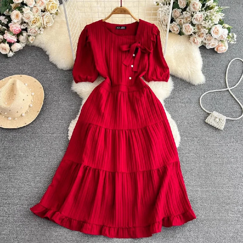 puffy short-sleeved mid-length A-line ruffle dress      S4331