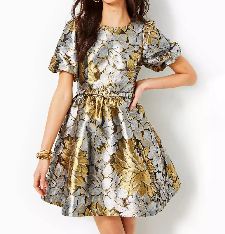 Priyanka Short Sleeve Floral Jacquard Dress In Gold Metallic Peony Parade Brocade