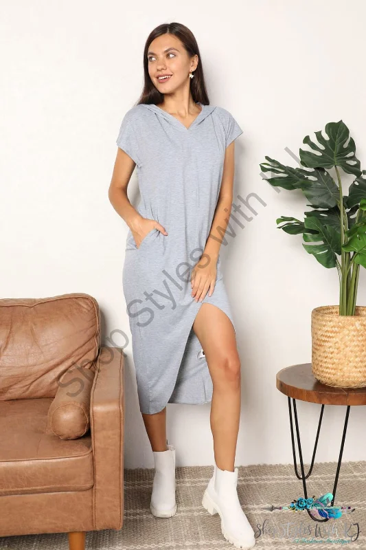 Short Sleeve Front Slit Hooded Dress