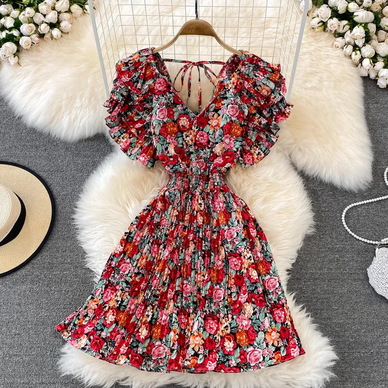 Cute v neck floral dress A line short dress   S445