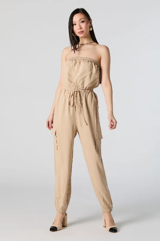 Drawstring Strapless Cargo Jumpsuit