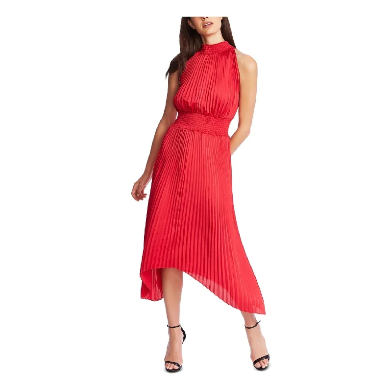 1.STATE Women's Halter Neck Handkerchief Hem Pleated Dress Red