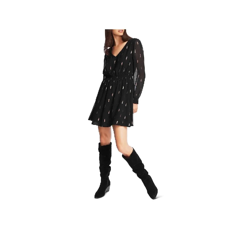 1.STATE Women's Smocked Metallic Print Dress Black Size S