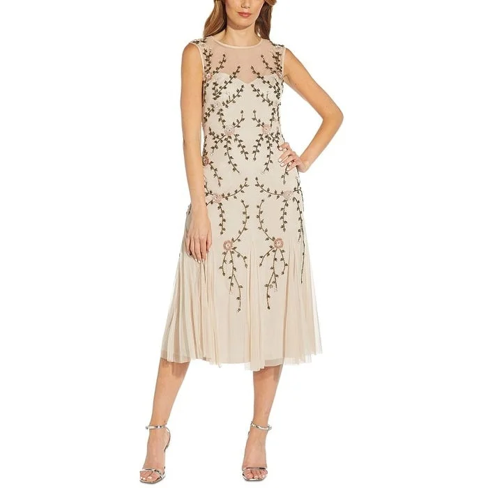 Adrianna Papell Women's Embroidered Mesh Overlay Dress Brown Size 0