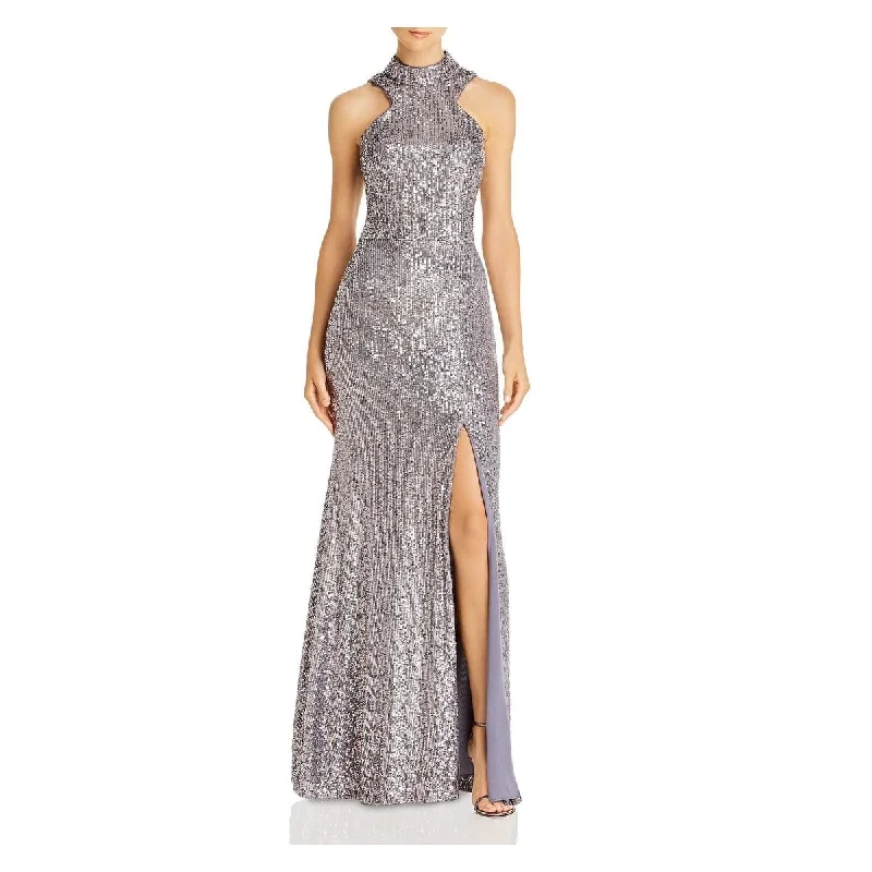 Aqua Women's High Neck Sequin Open Back Dress Grey Size 4