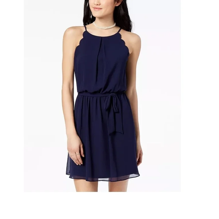 Bcx Juniors' Scalloped Sleeveless Dress With Sash Belt Navy Size Medium