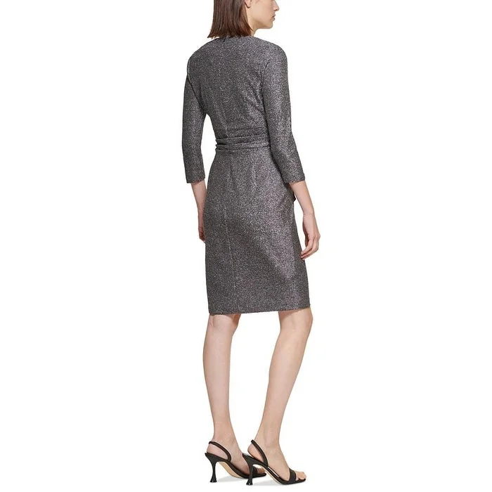 Calvin Klein Women's Glitter Knit V Neck Sheath Dress Gray Size X-Small